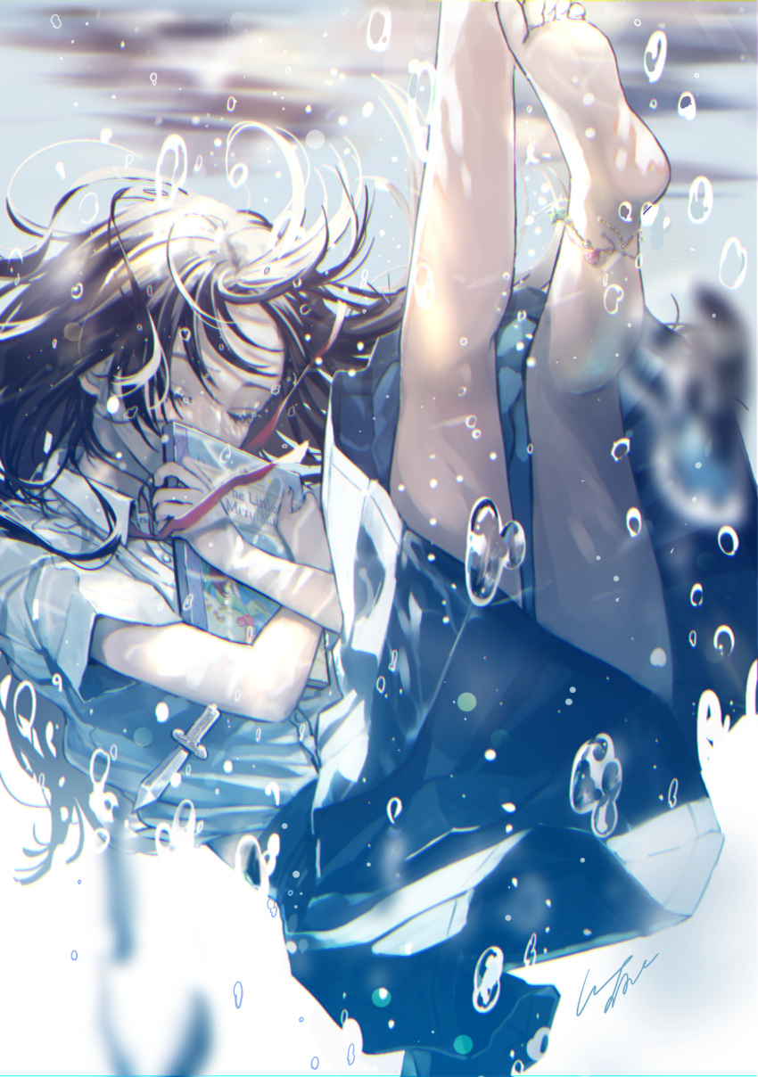 1girl air_bubble anklet bare_legs barefoot book brown_hair bubble closed_eyes highres holding holding_book jewelry neck_ribbon original pleated_skirt pomu red_neckwear ribbon school_uniform short_sleeves skirt solo submerged underwater undone_neckwear