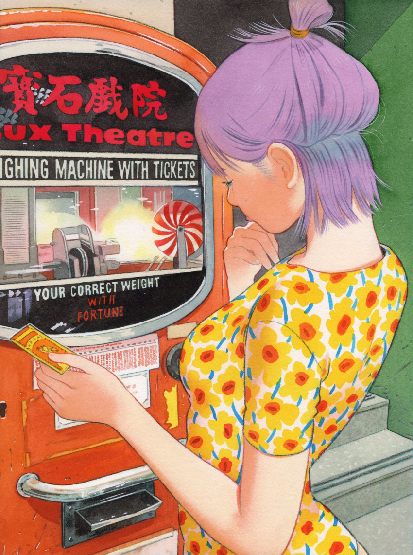 1girl bangs blunt_bangs commentary eyelashes floral_print fortune_teller_machine hair_bun hair_tie hand_on_own_chin highres holding holding_paper leotard little_thunder looking_to_the_side original paper purple_hair short_hair solo stairs traditional_media weighing_scale