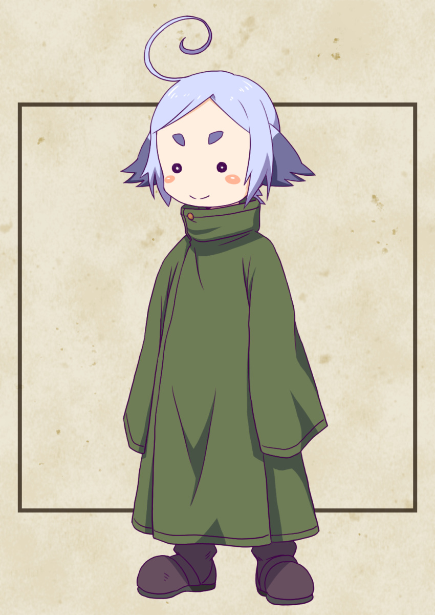 1boy :&gt; ahoge blue_hair blush_stickers boots coat full_body hada_toshiya halfling highres huge_ahoge ishuzoku_reviewers kanchal light_blue_hair male_focus multicolored_hair short_eyebrows sleeves_past_fingers sleeves_past_wrists solo two-tone_hair