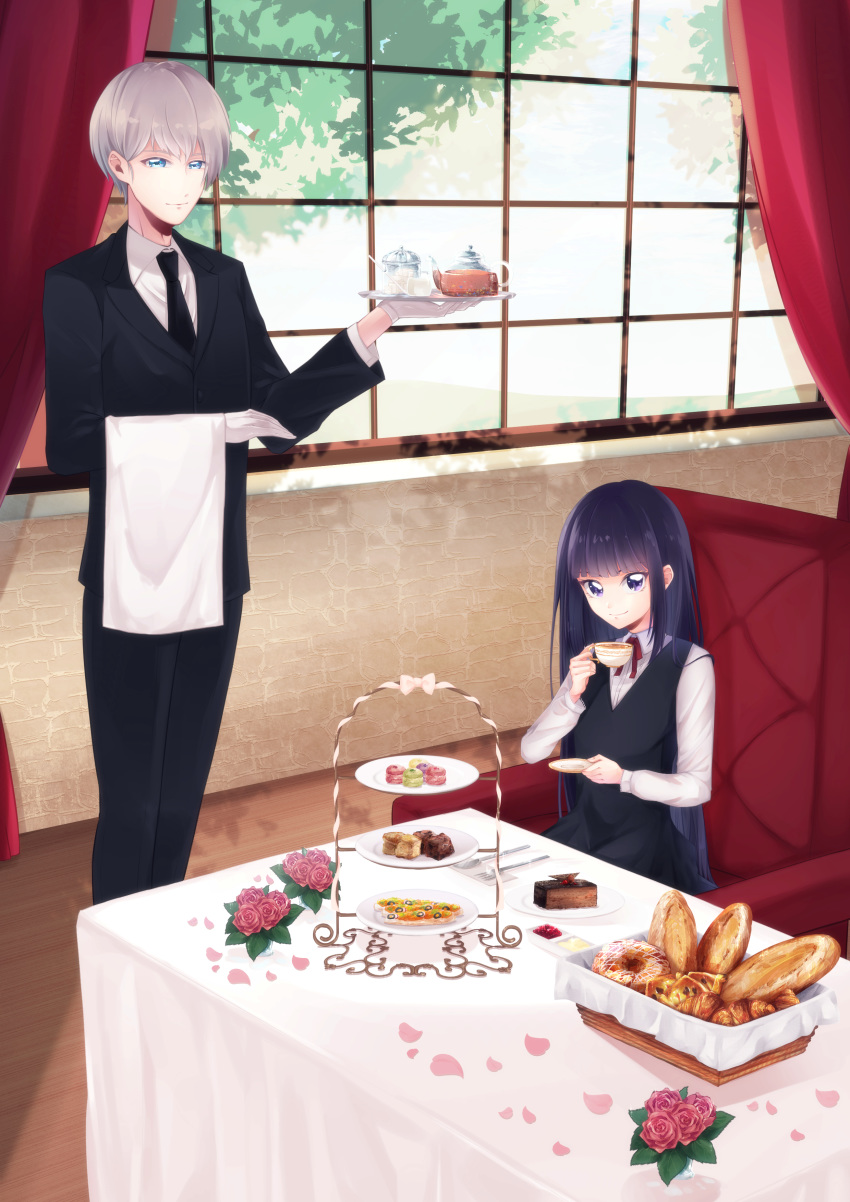 1boy 1girl absurdres annu_iida basket black_dress black_hair black_neckwear black_pants black_suit blue_eyes bread cake cake_slice chair croissant cup curtains day dessert doughnut dress flower food fork gloves grey_hair highres indoors knife long_hair macaron necktie original pants petals ramekin shirt sitting standing table teacup teapot tiered_tray violet_eyes white_gloves white_shirt window wooden_floor