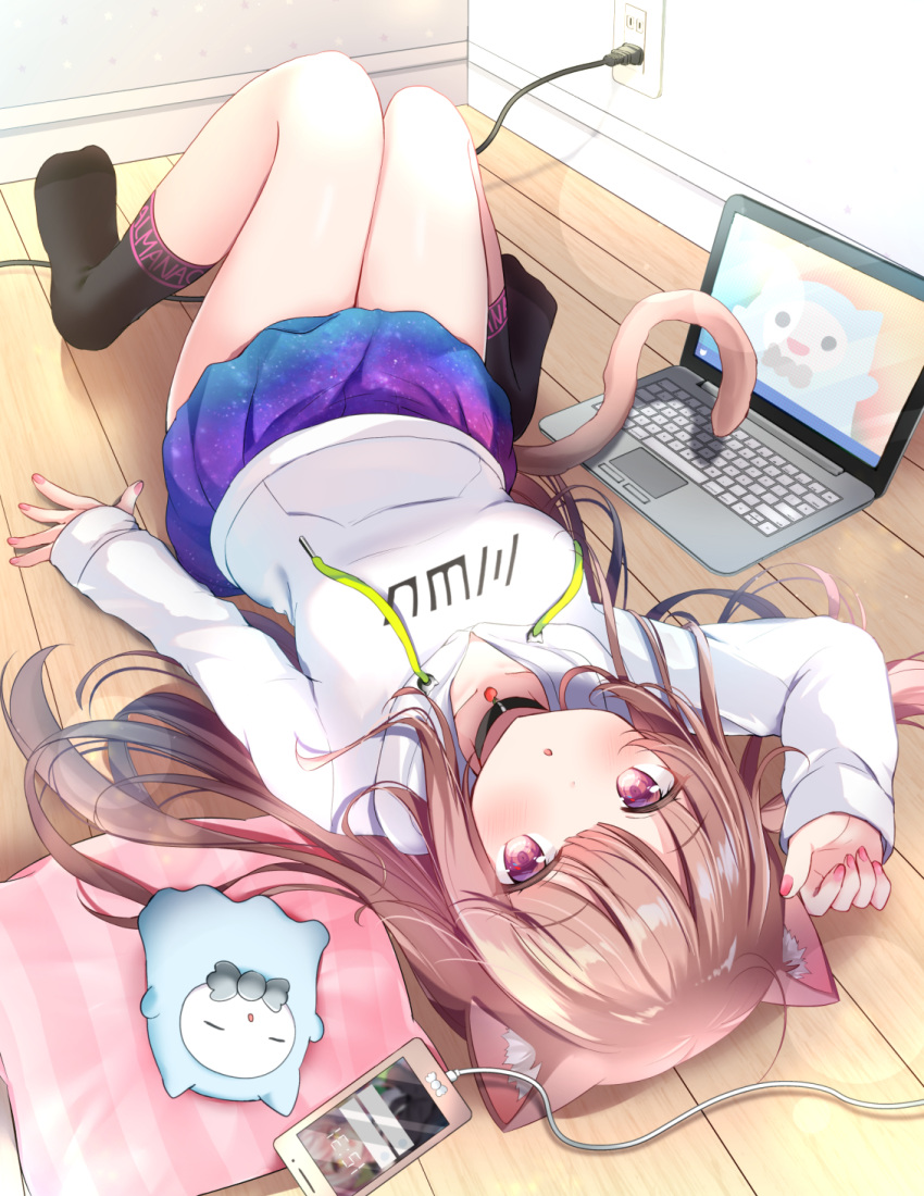 1girl :o animal_ear_fluff animal_ears arm_up bangs black_legwear blue_skirt brown_hair cat_ears cat_girl cat_tail cellphone commentary_request computer eyebrows_visible_through_hair full_body highres hood hood_down hoodie indoors laptop long_hair long_sleeves looking_at_viewer lying masayo_(gin_no_ame) nail_polish no_shoes on_back on_floor original parted_lips phone pink_nails red_eyes skirt sleeves_past_wrists socks solo tail very_long_hair white_hoodie wooden_floor