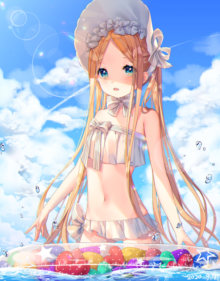 1girl abigail_williams_(fate/grand_order) abigail_williams_(swimsuit_foreigner)_(fate) bangs bare_shoulders bikini blonde_hair blue_eyes blue_sky blush bonnet bow breasts fate/grand_order fate_(series) forehead hair_bow highres lens_flare long_hair looking_at_viewer miniskirt navel ocean open_mouth parted_bangs shiro_albino sidelocks skirt sky small_breasts swimsuit twintails very_long_hair wading white_bikini white_bow white_headwear