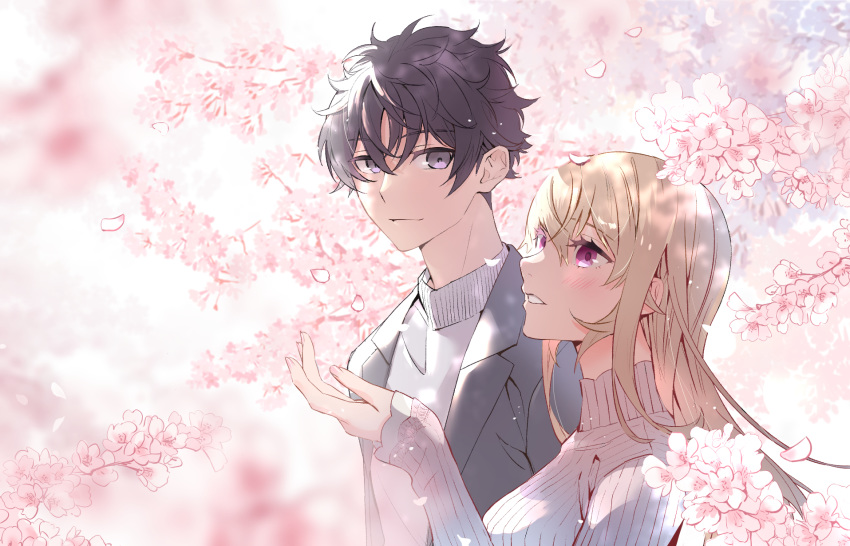 1boy 1girl bangs black_hair blurry blurry_background blush cherry_blossoms commentary_request couple eyebrows_visible_through_hair flower grey_sweater hair_between_eyes hetero highres long_hair long_sleeves looking_at_another looking_up nakiri_asahi nakiri_erina outdoors parted_lips petals pink_flower ribbed_sweater shokugeki_no_souma short_hair smile sweater turtleneck uiui_(hage04195) upper_body violet_eyes