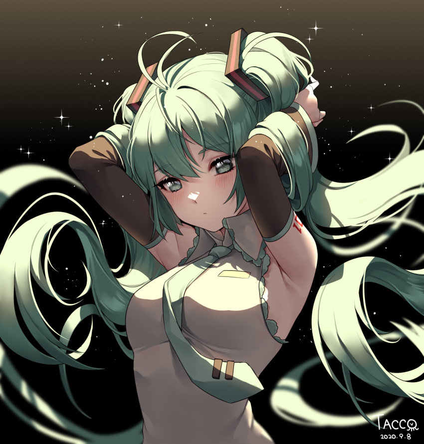 1girl antenna_hair aqua_eyes aqua_hair aqua_neckwear armpits arms_up artist_name bangs black_background black_sleeves blush breasts closed_mouth collared_shirt commentary dated detached_sleeves eyebrows_visible_through_hair gradient gradient_background grey_shirt hatsune_miku highres light long_hair long_sleeves looking_away looking_down medium_breasts necktie number_tattoo shirt shoulder_tattoo solo sparkle tacco_(tikeworld) tattoo twintails upper_body very_long_hair vocaloid
