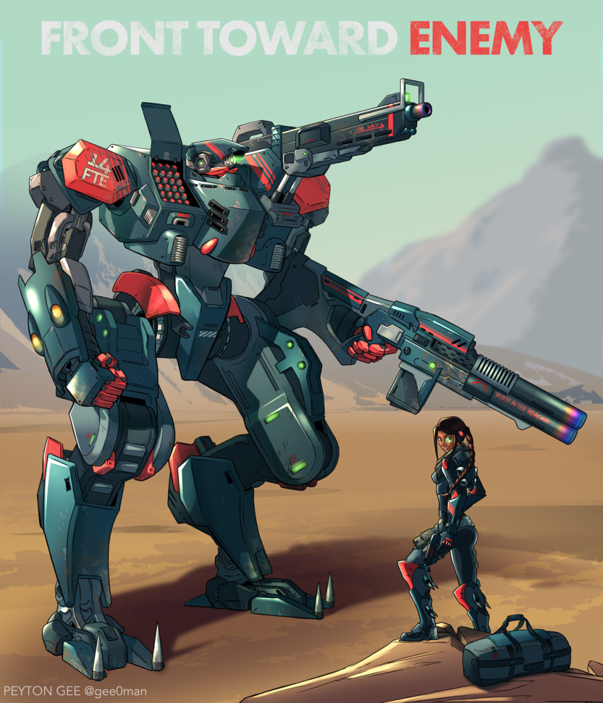 1girl borrowed_character braid braided_ponytail brown_hair commission dark_skin english_commentary english_text glowing glowing_eye gun highres holding holding_gun holding_weapon lancer_rpg long_hair looking_at_viewer looking_back looking_up mecha one-eyed original peyton_gee smile standing weapon
