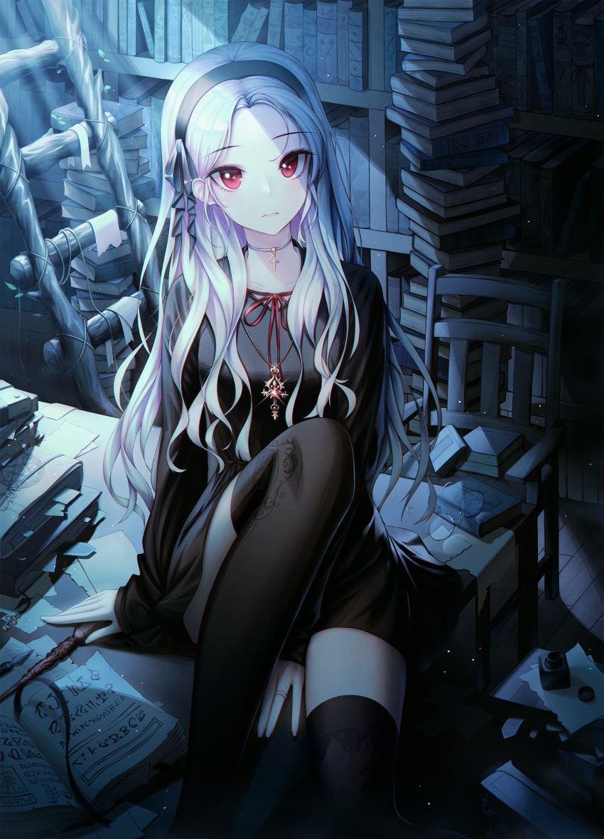 1girl absurdres black_dress black_legwear book_stack cross cross_necklace dress esj4f eyebrows_visible_through_hair hair_ornament hairband highres jewelry knee_up long_hair long_sleeves looking_at_viewer necklace original pendant ribbon sitting solo thigh-highs wand white_hair