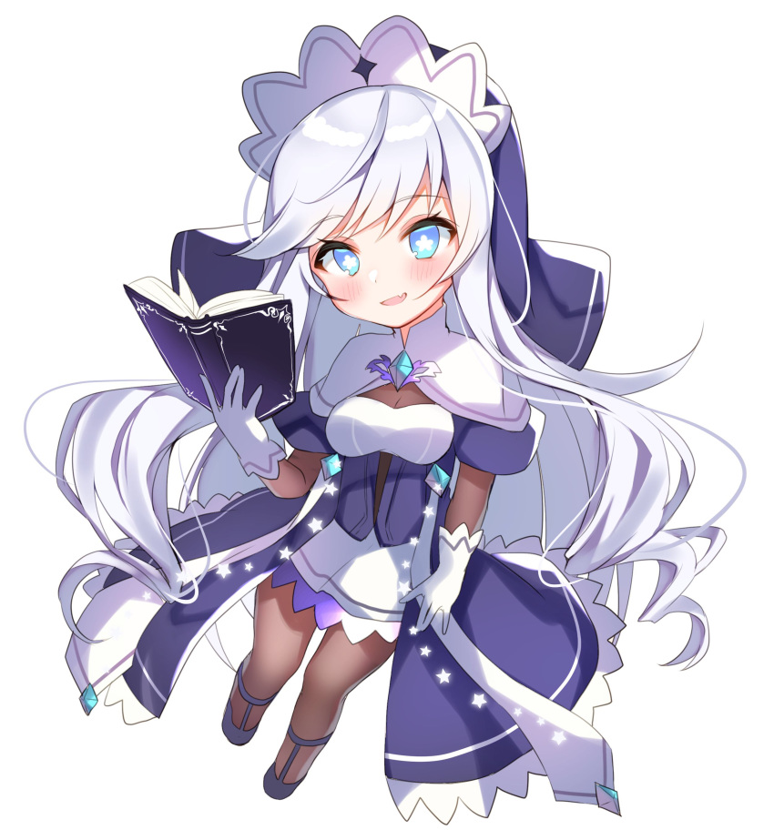 1girl absurdres black_footwear blue_eyes book chibi full_body gloves highres holding holding_book long_hair looking_at_viewer lumia_saga nenobi_(nenorium) pantyhose simple_background solo symbol-shaped_pupils very_long_hair white_background white_gloves white_hair