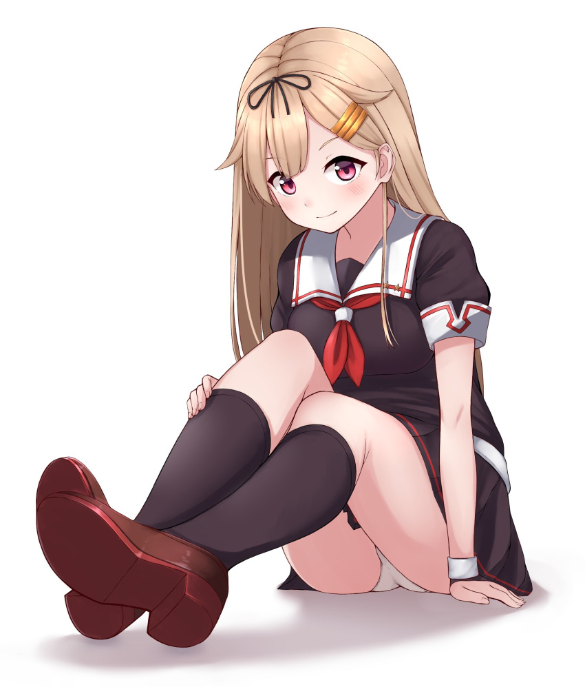 1girl black_gloves black_legwear black_ribbon black_serafuku blonde_hair brown_footwear commentary_request fingerless_gloves full_body gloves hair_flaps hair_ornament hair_ribbon hairclip highres kantai_collection kneehighs loafers long_hair looking_at_viewer neckerchief panties pantyshot red_eyes red_neckwear remodel_(kantai_collection) ribbon school_uniform serafuku shoes simple_background sitting solo straight_hair tiemu_(man190) underwear white_background white_panties yuudachi_(kantai_collection)