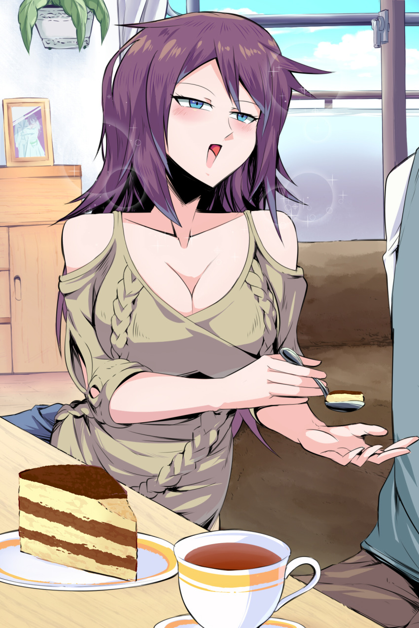 1boy 1girl blue_eyes blush breasts cake feeding food fork highres holding holding_fork large_breasts looking_up open_mouth original out_of_frame purple_hair shimure_(460) solo_focus sweater tea