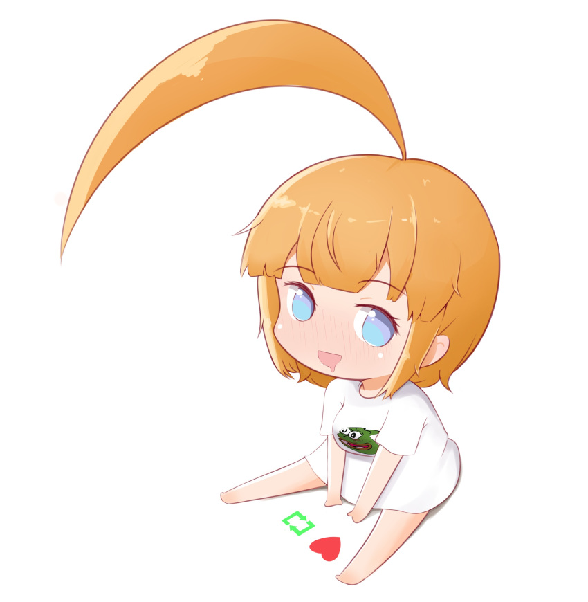 1girl absurdres ahoge bangs barefoot blue_eyes blush breasts chibi fraankyy highres mouth_drool nose_blush open_mouth orange_hair original shirt simple_background sitting sitting_on_ground smile white_background white_shirt