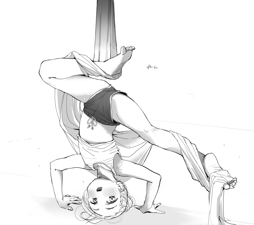 1girl arm_support barefoot blush flat_chest flexible greyscale handstand headstand highres legs masuda_(yousaytwosin) midriff monochrome navel open_mouth original petite short_shorts shorts simple_background sketch solo spread_legs tank_top upside-down white_background