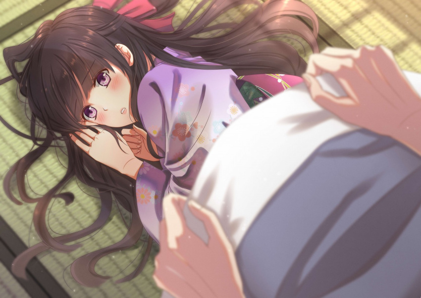 1girl black_hair blush bow embarrassed facing_viewer hair_bow indoors izumi_(stardustalone) japanese_clothes kimono long_hair looking_at_viewer lying on_side purple_kimono red_bow renri_no_chigiri_wo_kimi_to_shiru tatami violet_eyes wide_sleeves