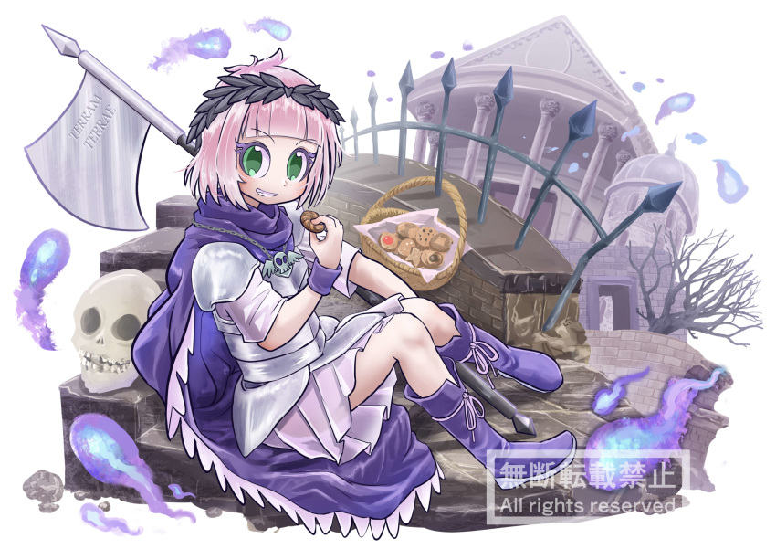 1girl absurdres armor axe bangs bare_tree basket blunt_bangs bob_cut boots brooch cape chamaji commission cookie cuirass dominions eating fence food frilled_cape frilled_skirt frills from_side green_eyes grin highres hitodama holding holding_cookie jewelry knees_together_feet_apart knees_up lavender_hair lavender_skirt looking_at_viewer olive_wreath purple_cape purple_footwear roman_clothes rome sceleria-chan short_hair short_sleeves sidelocks sitting skirt skull smile solo teeth temple tree watermark wrist_cuffs