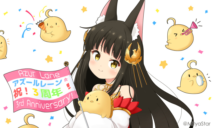 /\/\/\ 1girl animal animal_ear_fluff animal_ears anniversary azur_lane bangs bird black_hair blush brown_eyes chick closed_mouth commentary_request confetti copyright_name detached_sleeves dress eyebrows_visible_through_hair flag fox_ears hair_ornament highres holding holding_flag instrument long_hair long_sleeves manjuu_(azur_lane) miicha music nagato_(azur_lane) party_popper playing_instrument red_dress simple_background sleeves_past_wrists smile solo starry_background strapless strapless_dress streamers tambourine trumpet twitter_username very_long_hair white_background white_sleeves wide_sleeves yellow_eyes