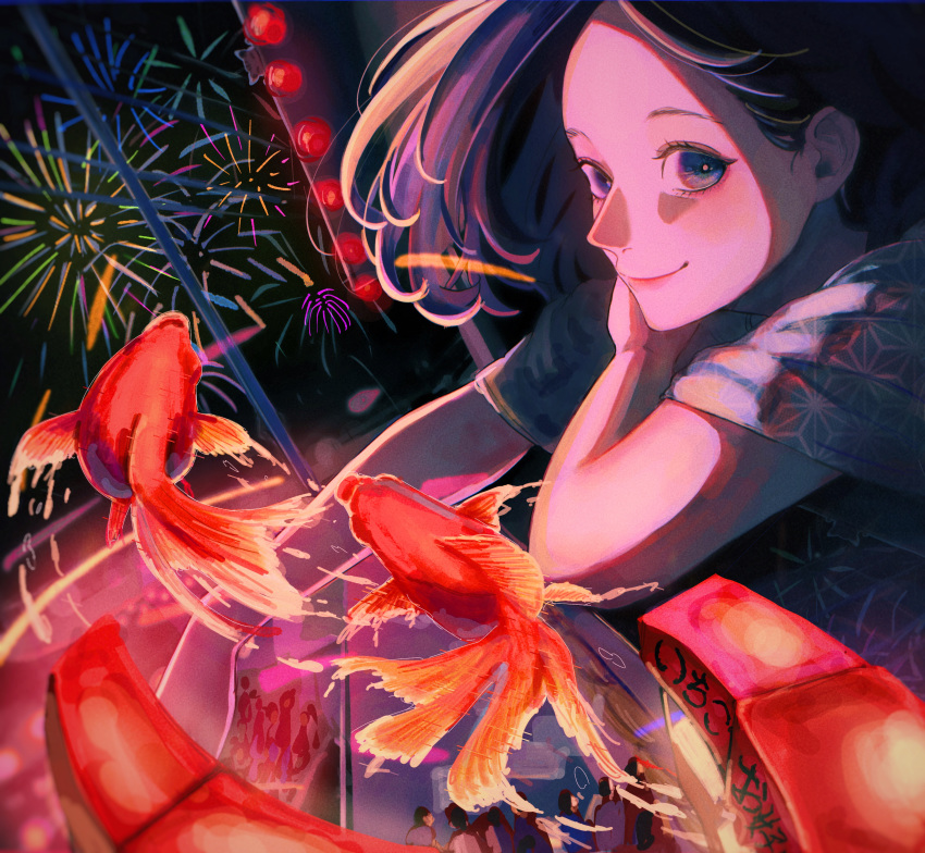 1girl absurdres aerial_fireworks black_hair crowd fireworks fish food_stand from_above goldfish highres lights looking_at_viewer night night_sky original shi-masu sky smile solo_focus summer_festival