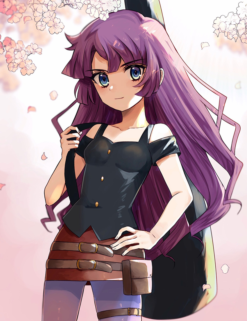 1girl blue_eyes breasts cherry_blossoms closed_mouth collarbone eyebrows_visible_through_hair guitar_case hand_on_hip highres holding honi_hogya instrument_case kirishima_romin long_hair looking_at_viewer miniskirt pants pencil_skirt purple_hair purple_pants red_skirt shiny shiny_hair shoulder_cutout skirt small_breasts solo thigh_strap very_long_hair yu-gi-oh! yu-gi-oh!_sevens