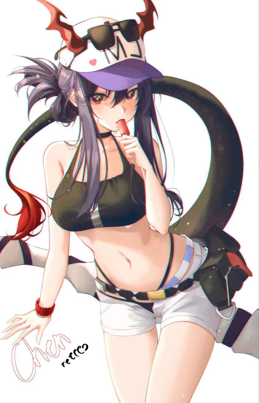 1girl absurdres arknights bangs bare_arms bare_shoulders baseball_cap bikini black_bikini black_choker breasts ch'en_(arknights) character_name choker chromatic_aberration commentary_request cowboy_shot dragon_horns dragon_tail eyewear_on_headwear food hair_between_eyes hand_up hat highres holding holding_food horns horns_through_headwear ildanbaggobwa large_breasts leaning_forward long_hair navel popsicle pouch purple_hair red_eyes short_shorts shorts simple_background solo standing stomach sunglasses swimsuit tail tail_raised thighs white_background white_shorts