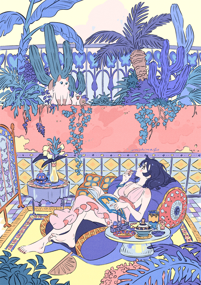 1girl artist_name barefoot black_hair blush body_blush book breasts cat commentary_request crossed_legs cushion dress glass highres holding holding_book long_hair looking_up lying on_back open_mouth original pink_dress plant potted_plant sash saucer soles table toenails toes umishima_senbon vase