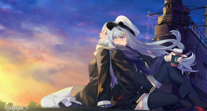 2girls azur_lane back-to-back black_coat black_footwear black_legwear blue_eyes blush boots coat coffee_cup commentary_request cup disposable_cup enterprise_(azur_lane) hat highres holding holding_cup long_hair military_hat multiple_girls peaked_cap silver_hair sitting smile thigh-highs twitter_username uyuyuun white_legwear winter_clothes winter_coat yorktown_(azur_lane)
