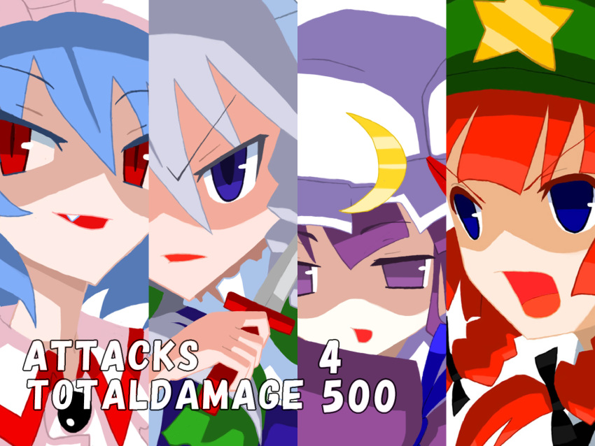 blue_hair braid column_lineup crescent cut-in disgaea face fang frown hat highres hong_meiling izayoi_sakuya ke-su knife no_nose open_mouth parody patchouli_knowledge purple_eyes purple_hair red_eyes red_hair remilia_scarlet silver_hair slit_pupils smirk star touhou twin_braids