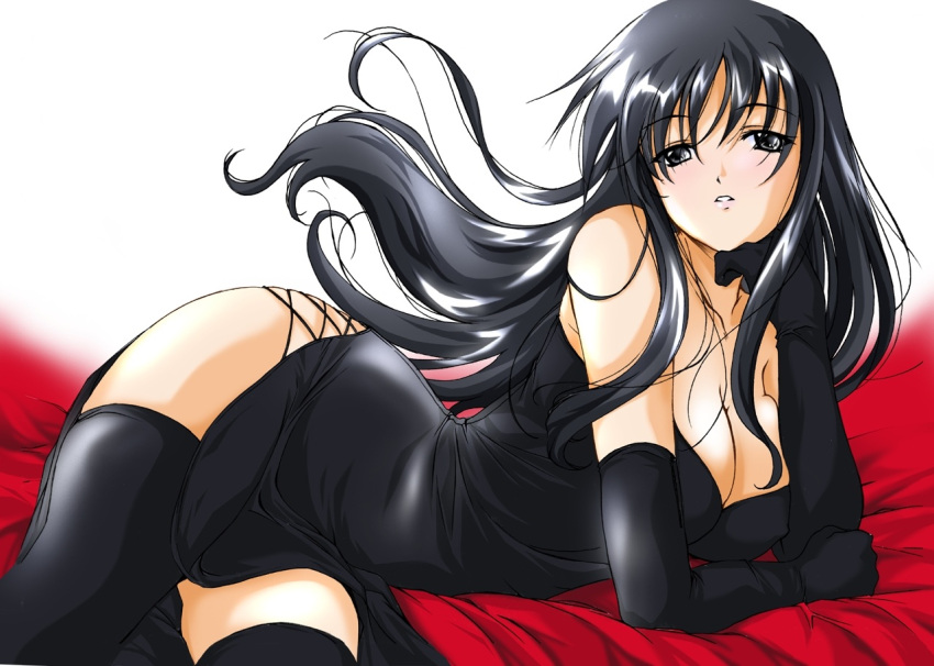 ayakaze_ryuushou bangs bare_shoulders bed black_eyes black_gloves black_hair black_legwear breasts chin_rest cleavage dress elbow_gloves formal gloves large_breasts long_hair lying on_side shiny shiny_hair side_slit solo thigh-highs thighhighs zettai_ryouiki