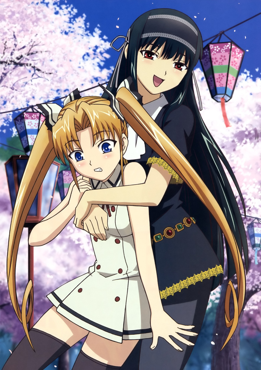 black_hair blonde_hair blue_eyes blush breast_grab breasts cherry_blossoms dress flat_chest flower hair_ribbon hair_ribbons hairband headband highres kimi_ga_aruji_de_shitsuji_ga_ore_de kuonji_miyu kuonji_shinra long_hair pantyhose red_eyes ribbon ribbons smile thigh-highs thighhighs twintails zettai_ryouiki