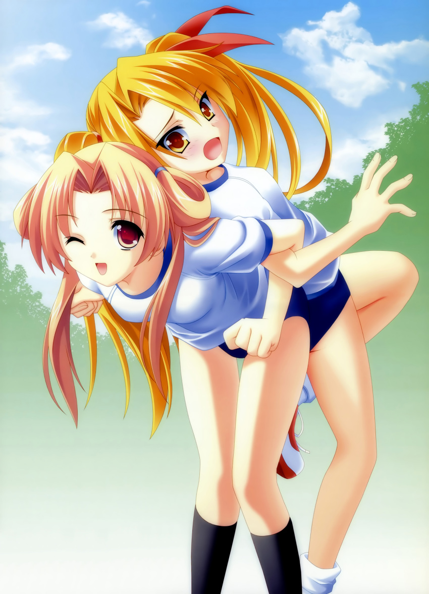 absurdres back-to-back blonde_hair buruma exercise gym_uniform hair_ribbon hair_ribbons highres locked_arms long_hair matsushita_makako multiple_girls rakko_(makarakko) red_hair redhead ribbon ribbons socks stretch wink yellow_eyes