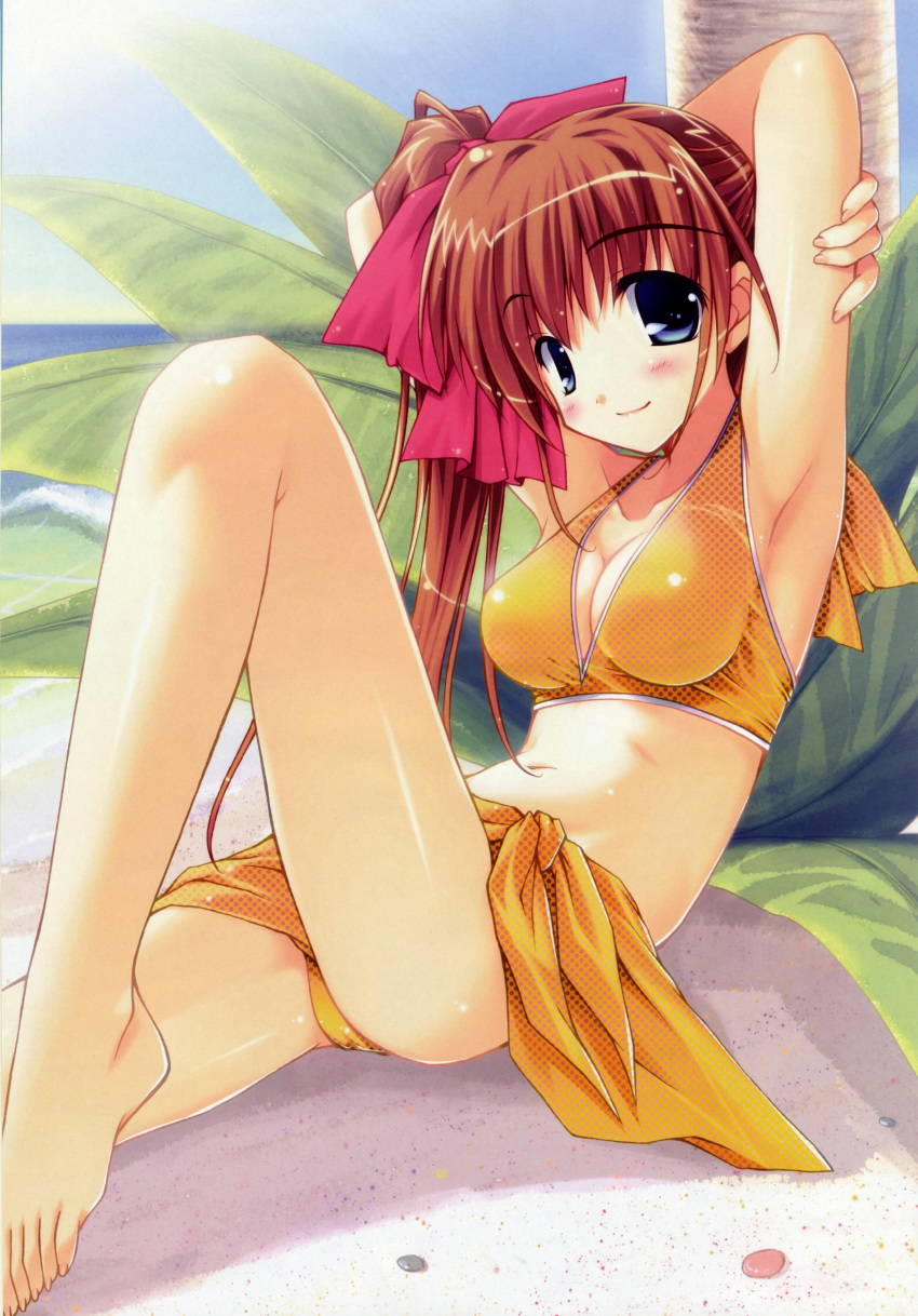 armpits arms_up barefoot bikini blue_eyes breasts brown_hair cleavage feet highres ponytail sarong side_ponytail swimsuit toes