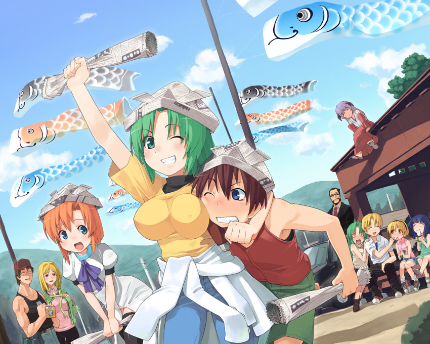 blonde_hair blue_hair blush breast_squeeze breasts brown_hair camera closed_eyes erect_nipples everyone facial_hair furude_rika green_hair grin hanyuu hat higurashi_no_naku_koro_ni horns houjou_satoko houjou_satoshi kasai_tatsuyoshi koinobori large_breasts long_hair maebara_keiichi newspaper open_mouth orange_hair panties paper_hat purple_hair ryuuguu_rena short_hair siblings smile sonozaki_mion sonozaki_shion takano_miyo tank_top thighhighs tomitake_jiro tomitake_jirou twins underwear wince wink