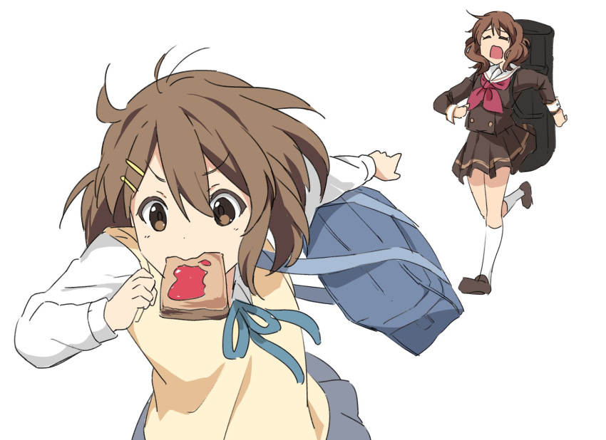 2girls bag blue_ribbon brown_eyes brown_hair brown_serafuku brown_skirt closed_eyes commentary_request company_connection crossover dress_shirt food food_in_mouth grey_skirt hibike!_euphonium highres hirasawa_yui instrument_case k-on! kyoto_animation mouth_hold multiple_girls neck_ribbon neckerchief nyum open_mouth oumae_kumiko pleated_skirt red_neckwear ribbon school_bag school_uniform serafuku shirt short_hair simple_background skirt sweater_vest toast toast_in_mouth wavy_hair white_background yawning