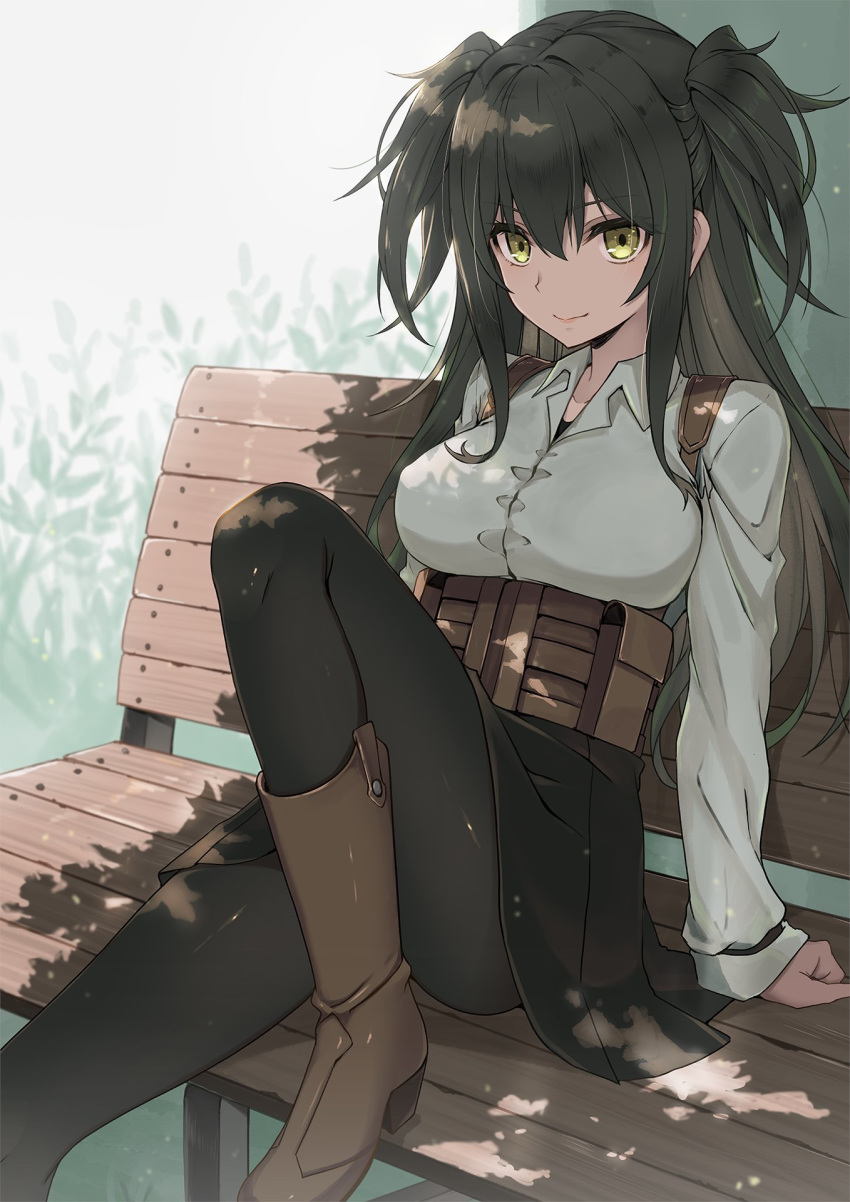 1girl bangs bench black_hair black_legwear black_skirt boots breasts brown_footwear bush closed_mouth day denken eyebrows_visible_through_hair foot_out_of_frame high-waist_skirt highres knee_boots knee_up leaning leaning_on_object long_hair long_sleeves looking_at_viewer medium_breasts meme_attire on_bench outdoors pantyhose partially_unbuttoned sanpaku shadow shirt sidelocks sitting sitting_on_bench skirt smile solo to_aru_kagaku_no_railgun to_aru_majutsu_no_index tsurime two_side_up underbust virgin_killer_outfit white_shirt yellow_eyes yumiya_rakko