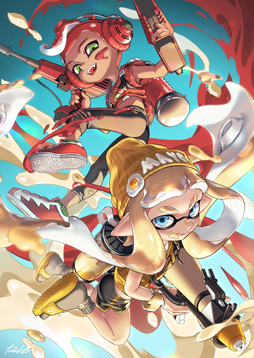 1boy 1girl artist_name bangs beanie black_legwear black_shorts blue_eyes blunt_bangs bracelet clothes_writing dolphin_shorts domino_mask dual_squelcher_(splatoon) dual_wielding egg fang food food_on_face green_eyes grey_legwear hat headphones highres holding holding_weapon ink_tank_(splatoon) inkling iria_(yumeirokingyo) jewelry jumping ketchup leggings legs_up licking_lips long_hair looking_at_viewer makeup mascara mask mayonnaise octoling paint_splatter pointy_ears print_shirt red_footwear red_shirt redhead sandals shirt shoes short_hair short_shorts short_sleeves shorts signature sneakers socks splatoon_(series) splatoon_2 splattershot_pro_(splatoon) star_(symbol) t-shirt tentacle_hair tongue tongue_out weapon white_hair yellow_footwear yellow_headwear yellow_shirt