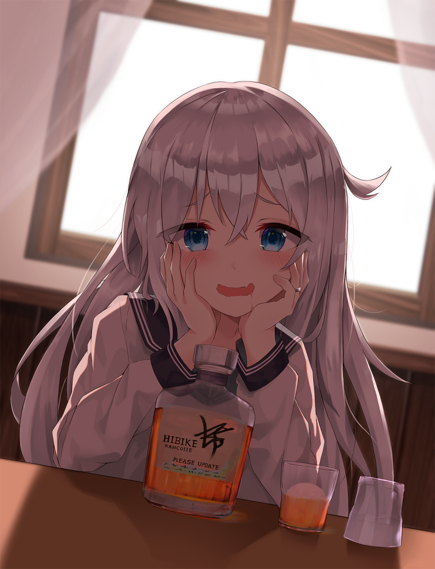 1girl alcohol anchor_symbol black_sailor_collar blue_eyes blush bottle cup drinking_glass drunk eyebrows_visible_through_hair hair_between_eyes hands_on_own_face hibiki_(kantai_collection) hibiki_(whisky) highres jewelry kantai_collection long_hair long_sleeves open_mouth ring sailor_collar school_uniform serafuku silver_hair sira_(user_dswn7488) solo wedding_band whiskey yandere_trance