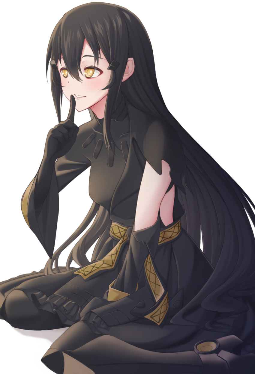 1girl act_(xadachit) asymmetrical_clothes bangs black_hair blush breasts dandelion_(girls_frontline) finger_to_mouth girls_frontline highres long_hair looking_to_the_side medium_breasts parted_lips shushing sidelocks smile solo very_long_hair yellow_eyes