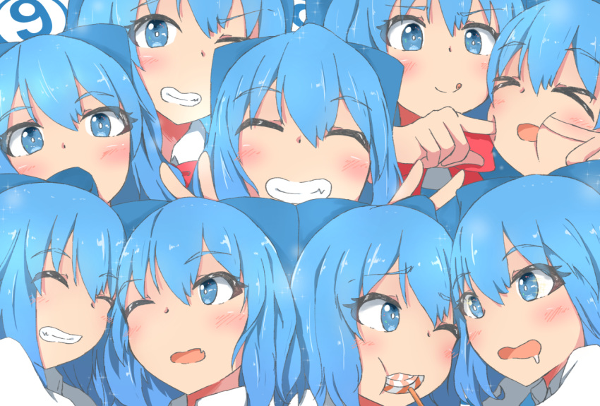 (9) 6+girls :q blue_eyes blue_hair blush bow bowtie bright_pupils candy cheek_poking cirno clone closed_eyes commentary_request double_v drooling eyebrows_visible_through_hair food grin hair_ribbon head_tilt head_to_head lollipop looking_at_another looking_at_viewer mizune_(winter) multiple_girls one_eye_closed open_mouth poking red_neckwear ribbon smile swirl_lollipop tongue tongue_out touhou upper_body v white_pupils