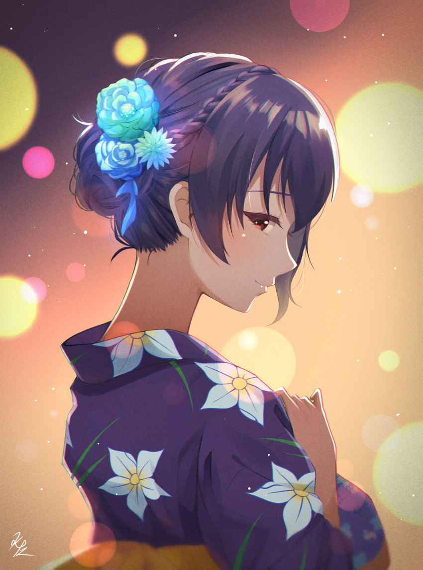 1girl absurdres blue_kimono braid floral_print flower from_side fujiwara_hajime haibarasaika hair_bun hair_flower hair_ornament highres idolmaster idolmaster_cinderella_girls idolmaster_cinderella_girls_starlight_stage japanese_clothes kimono looking_at_viewer nape neck yukata