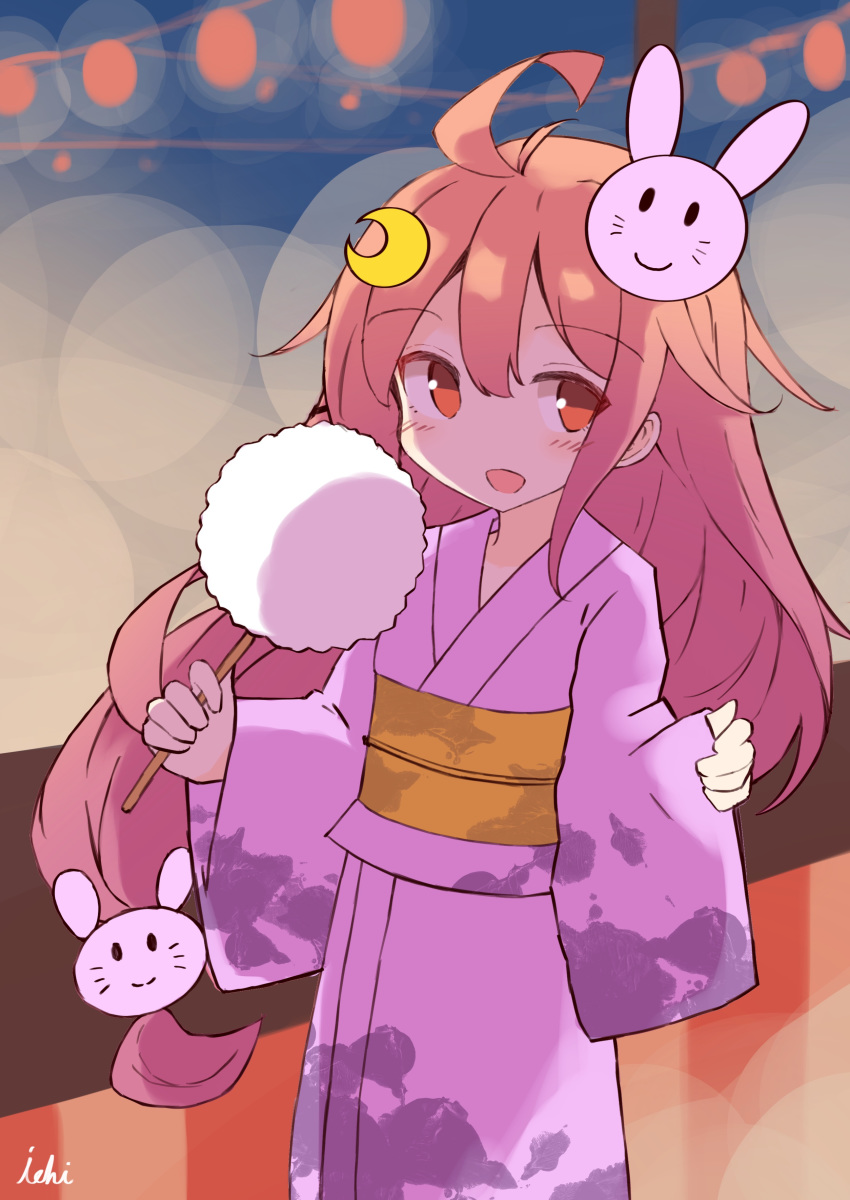 1girl :d absurdres ahoge artist_name blush bunny_hair_ornament cotton_candy crescent crescent_hair_ornament eyebrows_visible_through_hair food hair_between_eyes hair_ornament highres holding holding_food ichi japanese_clothes kantai_collection kimono long_hair mask mask_on_head obi open_mouth pink_hair pink_kimono red_eyes sash signature smile solo uzuki_(kantai_collection) very_long_hair yukata