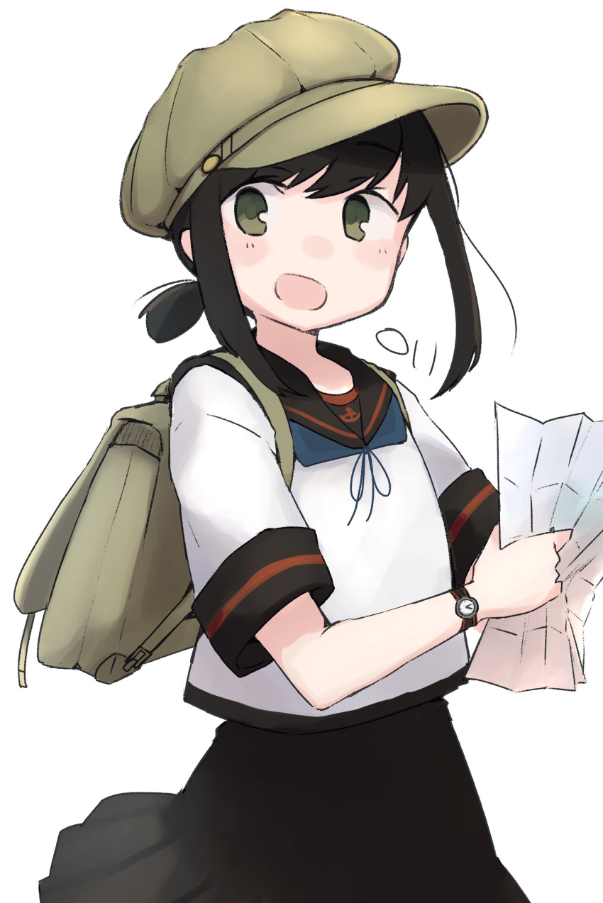 1girl absurdres anchor_symbol backpack bag black_hair black_sailor_collar black_skirt eyebrows_visible_through_hair fubuki_(kantai_collection) green_eyes hat highres holding kantai_collection ma_rukan open_mouth pleated_skirt remodel_(kantai_collection) sailor_collar school_uniform serafuku short_hair short_ponytail short_sleeves signature simple_background skirt smile solo watch watch white_background