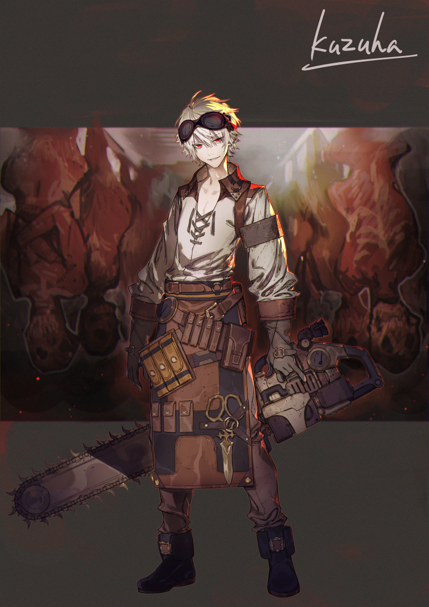 1boy absurdres alternate_costume bare_chest belt belt_pouch black_footwear brown_gloves chainsaw character_name clock death eyebrows_visible_through_hair eyes_visible_through_hair film_grain gloves goggles goggles_on_head hair_between_eyes highres holding holding_chainsaw huge_filesize kuzuha_(nijisanji) male_focus mole mole_under_eye nijisanji parted_lips pouch red_eyes scissors sharp_teeth smile solo standing steampunk teeth unti_no_azi upside-down virtual_youtuber white_hair