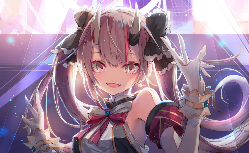 1girl alternate_costume alternate_hairstyle commentary_request fang gloves hair_between_eyes hair_ribbon highres hololive horns looking_at_viewer nakiri_ayame ninniku_mashimashi oni_horns open_mouth portrait red_eyes ribbon silver_hair solo stage stage_lights twintails v virtual_youtuber