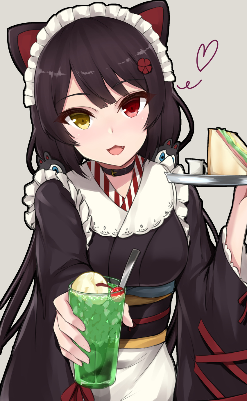 1girl absurdres animal_ears apron bangs black_collar black_hair black_kimono blush cherry collar commentary_request cup dog_ears dog_hair_ornament eyebrows_visible_through_hair fang flower food frills fruit grey_background hair_flower hair_ornament hand_up heart heterochromia highres holding holding_cup holding_tray inui_toko japanese_clothes kimono kirikan long_hair long_sleeves looking_at_viewer low_twintails maid_headdress nijisanji obi open_mouth outstretched_arm red_eyes sandwich sash smile solo spoon tray twintails virtual_youtuber wa_maid waist_apron yellow_eyes