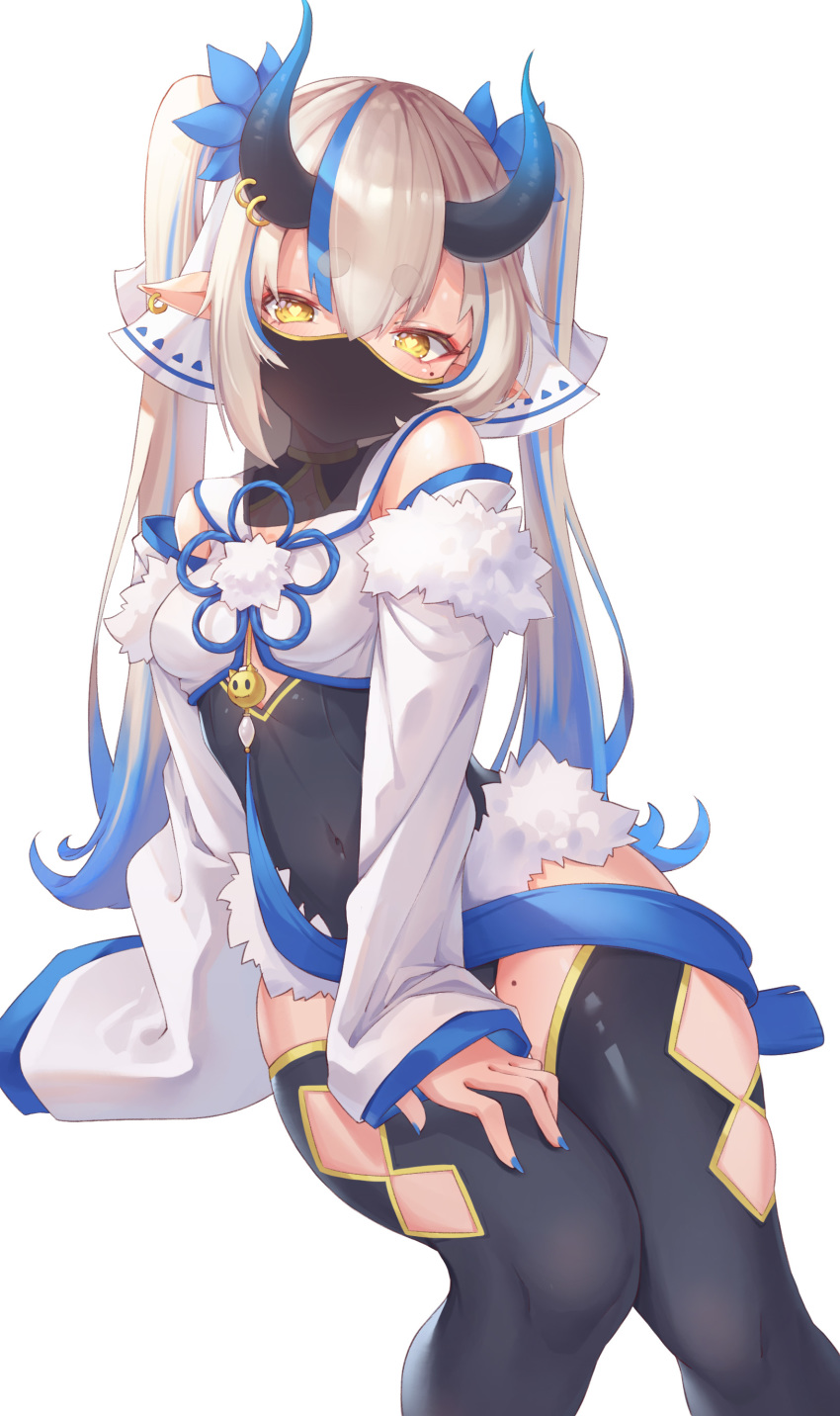 1girl :q absurdres animal_ears argyle_cutout bangs bare_shoulders black_horns black_legwear black_leotard black_veil blonde_hair blue_hair blue_horns blue_nails blush cleavage_cutout contrapposto covered_navel crop_top demon_horns detached_sleeves eyebrows feet_out_of_frame fingernails fur-trimmed_leotard fur-trimmed_sleeves fur_trim gold_trim gradient_hair gradient_horns hair_between_eyes hair_ribbon hand_on_own_thigh heart heart-shaped_pupils highlights highres hikimayu hitokuchii horns leotard licking_lips long_fingernails long_hair makeup mole mole_on_thigh mole_under_eye mouth_veil multicolored_hair multicolored_horns nail_polish oni original pointy_ears ribbon sidelocks silver_hair sitting skin_tight sleeves_past_wrists smile smirk solo streaked_hair symbol-shaped_pupils thigh-highs thigh_cutout thighs tongue tongue_out twintails two-tone_hair wide_sleeves yellow_eyes