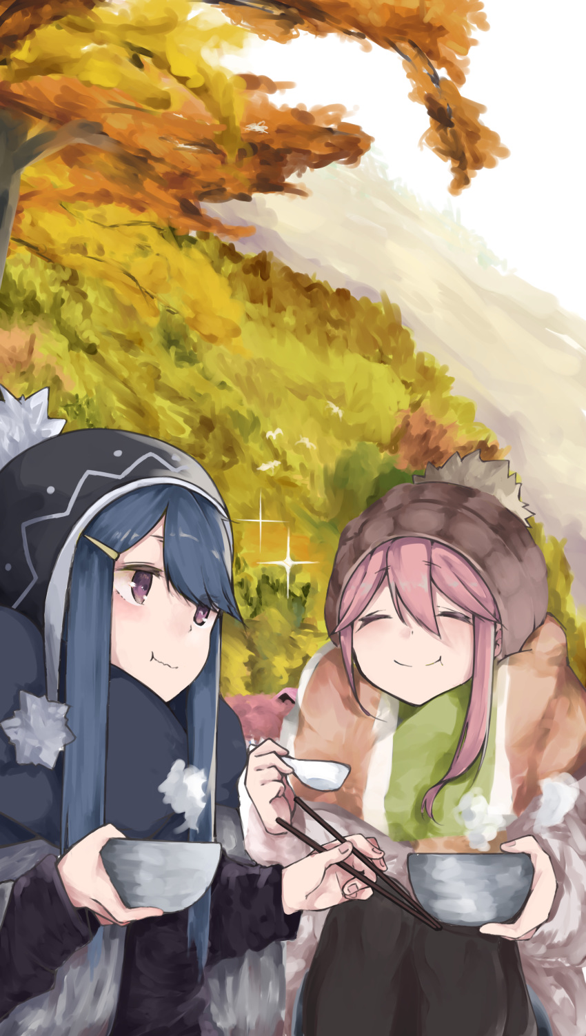 2girls :t absurdres autumn_leaves blue_hair bowl chopsticks closed_eyes commentary eating hat highres holding holding_bowl holding_chopsticks kagamihara_nadeshiko leadin_the_sky multiple_girls outdoors pink_hair scarf shima_rin smile violet_eyes winter_clothes yurucamp