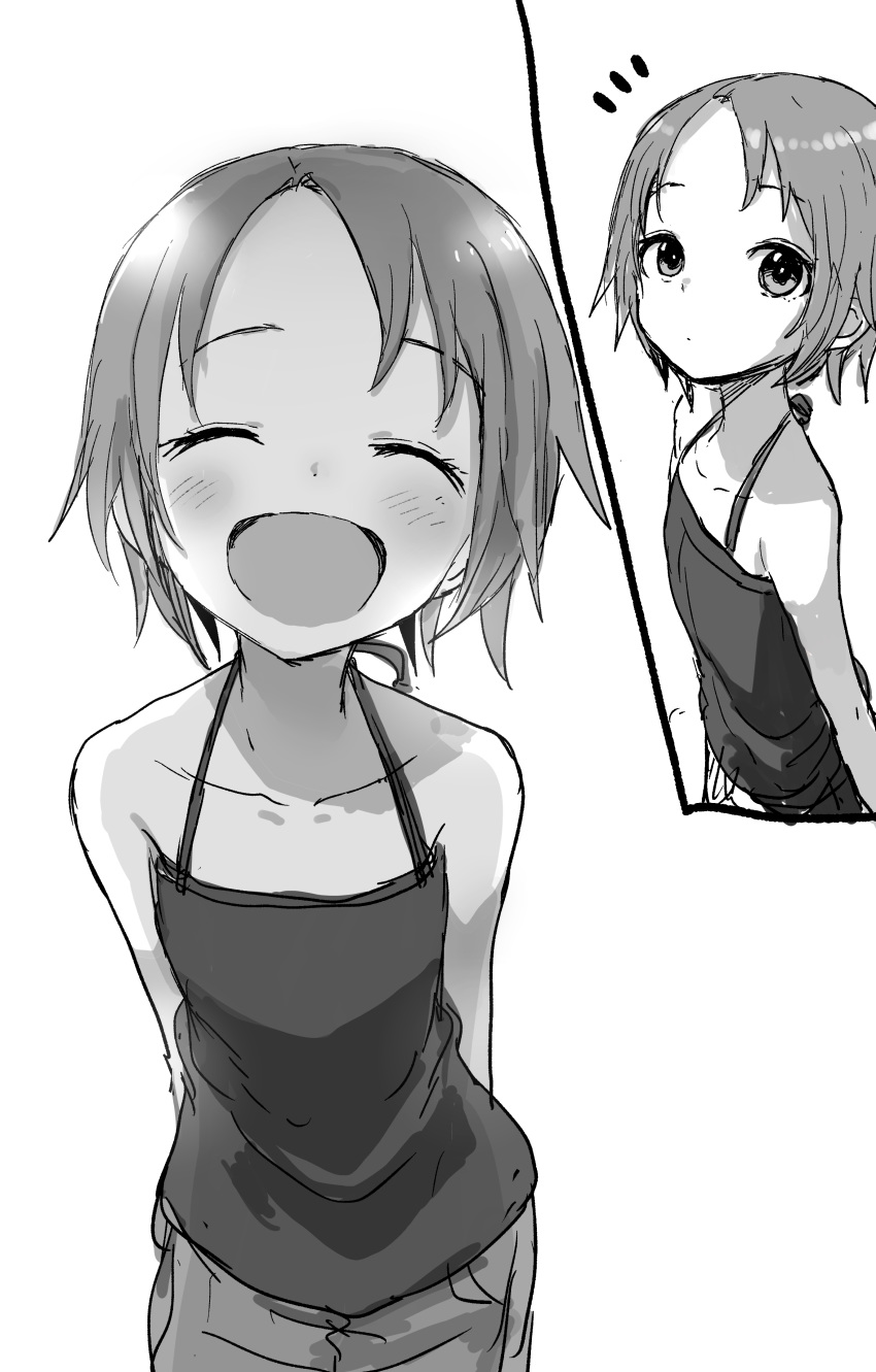 1girl :d ^_^ absurdres bangs bare_arms bare_shoulders blush camisole closed_eyes closed_mouth collarbone eyebrows_visible_through_hair greyscale highres looking_at_viewer monochrome multiple_views notice_lines open_mouth original pants parted_bangs short_hair simple_background smile white_background yamamoto_souichirou