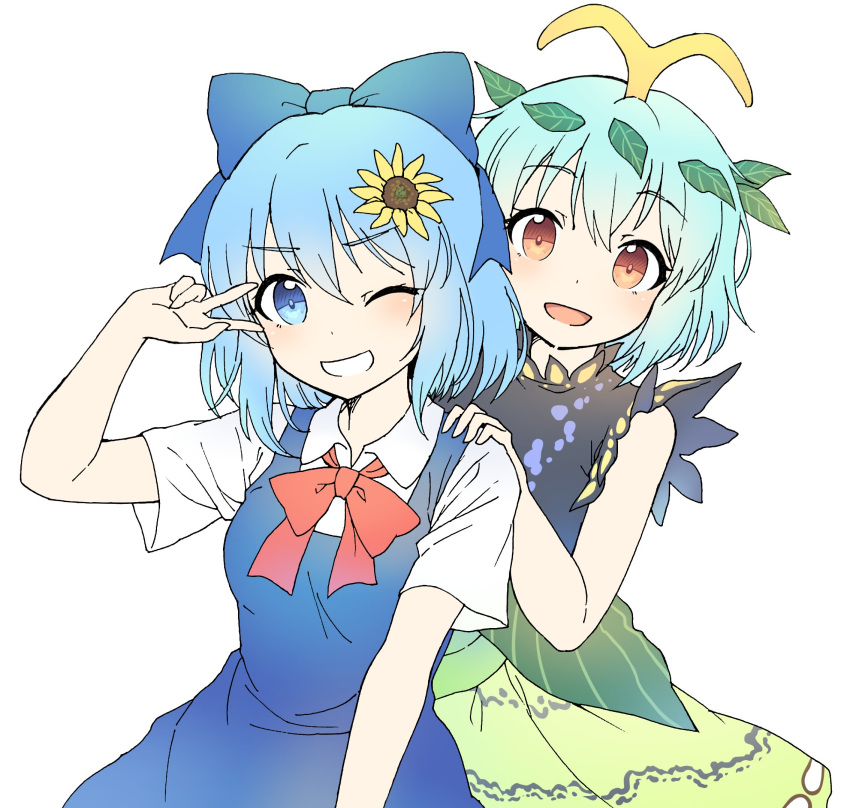 2girls antennae aqua_hair arm_up bangs blouse blue_dress blue_eyes blue_hair bow brown_eyes caramell0501 cirno dress eternity_larva eyebrows_visible_through_hair fairy_wings flower green_dress hair_bow hair_ornament hand_on_shoulder highres ice ice_wings leaf leaf_hair_ornament leaf_on_head looking_at_viewer multicolored multicolored_clothes multicolored_dress multiple_girls no_wings one_eye_closed open_mouth outstretched_arms red_bow red_ribbon ribbon salute shirt short_hair sleeveless sunflower touhou two-finger_salute white_background white_blouse white_shirt wing_collar wings