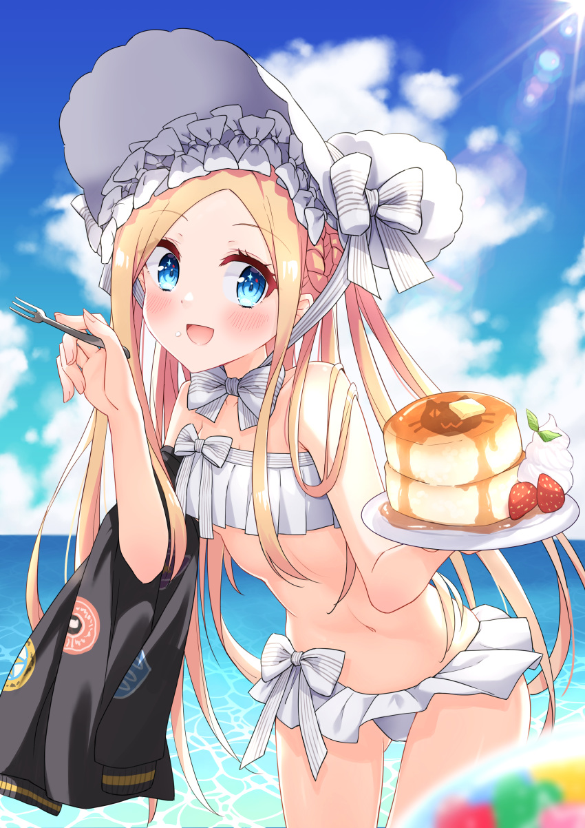 1girl abigail_williams_(fate/grand_order) abigail_williams_(swimsuit_foreigner)_(fate) absurdres bangs bare_shoulders bikini black_jacket blonde_hair blue_eyes blue_sky blush bonnet bow braid breasts fate/grand_order fate_(series) food forehead fork hair_bow hair_rings highres jacket long_hair looking_at_viewer miniskirt navel ocean open_mouth pancake parted_bangs plate profnote sidelocks skirt sky small_breasts smile swimsuit twin_braids twintails very_long_hair white_bikini white_bow white_headwear