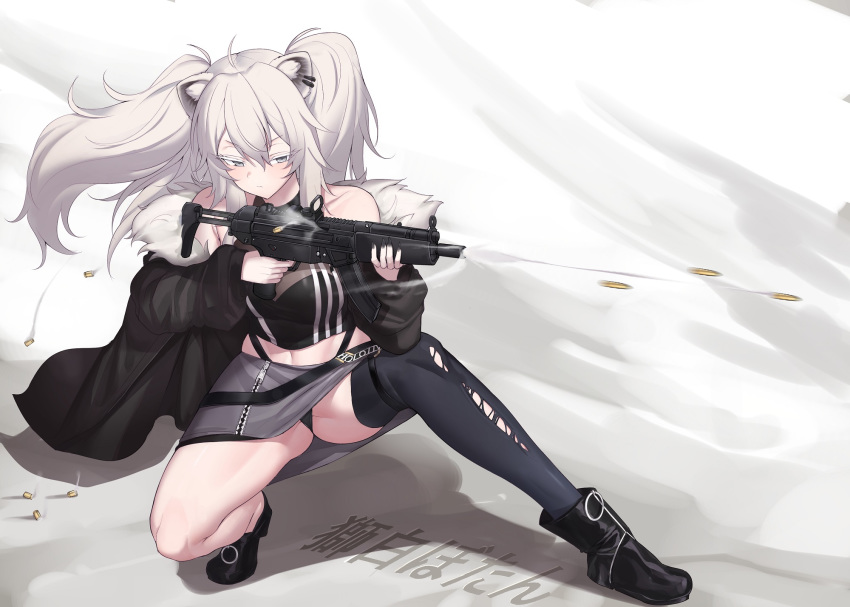 1girl ahoge animal_ears bare_shoulders belt blush boots breasts character_name earrings expressionless eyebrows_visible_through_hair firing floating_hair full_body fur-trimmed_jacket fur_trim grey_eyes grey_hair gun h&amp;k_mp5 hair_between_eyes heckler_&amp;_koch highres holding holding_gun holding_weapon hololive jacket jewelry k_jin large_breasts lion_ears lion_girl long_hair midriff necklace off_shoulder shirt shishiro_botan single_thighhigh skirt sleeveless sleeveless_shirt solo submachine_gun thigh-highs thighs torn_clothes torn_legwear virtual_youtuber weapon