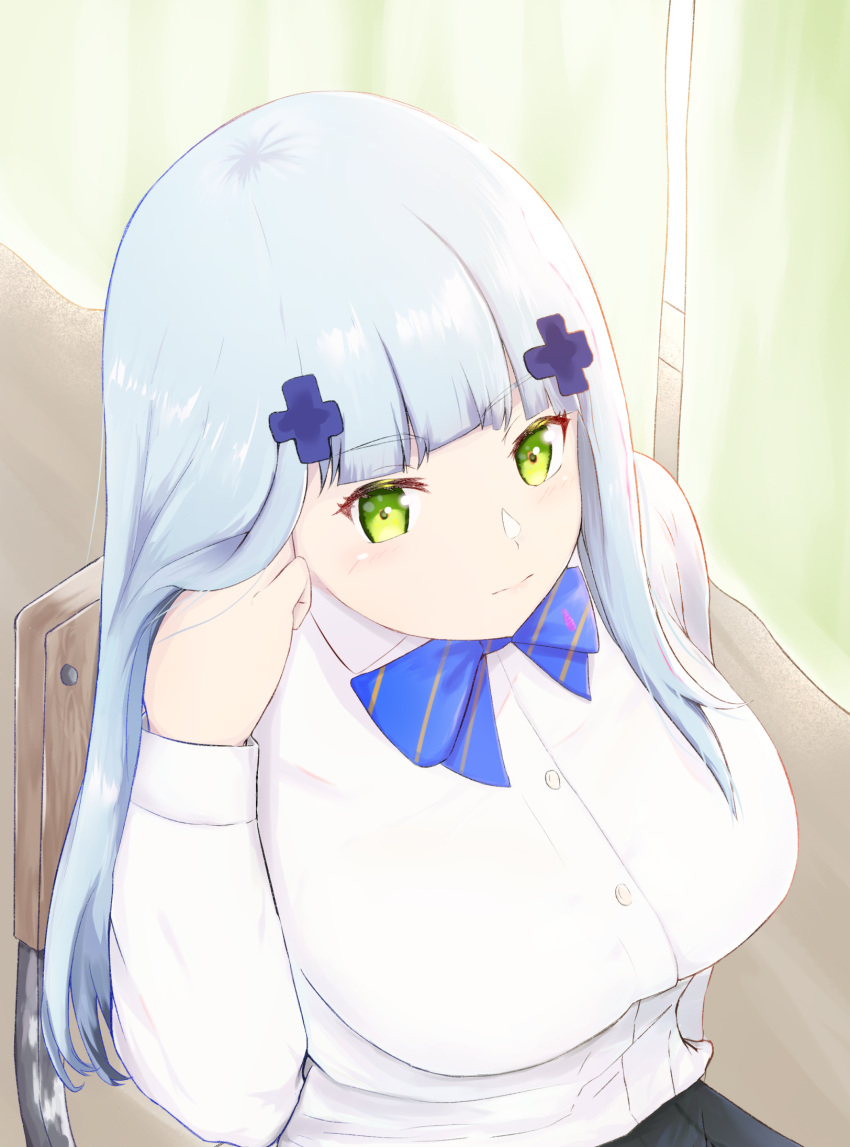 1girl bangs blue_hair blue_neckwear blush bow bowtie breasts closed_mouth eyebrows_visible_through_hair girls_frontline green_eyes hand_in_hair highres hk416_(girls_frontline) large_breasts long_hair looking_at_viewer school_uniform shirt simple_background sitting solo solokitsune white_shirt