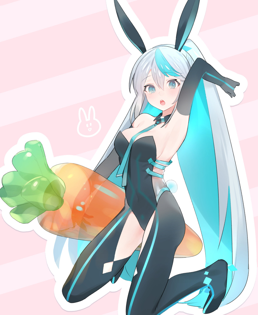 1girl :o animal_ears arm_up armpits between_breasts black_gloves black_legwear black_leotard blue_eyes blue_hair breasts detached_collar elbow_gloves eureka_iris fake_animal_ears gloves highres holding inflatable_carrot inflatable_toy kneeling leotard liver_city long_hair looking_at_viewer medium_breasts multicolored_hair necktie open_mouth pink_background ponytail rabbit_ears silver_hair solo thigh_cutout transparent two-tone_hair tym_taro very_long_hair wing_collar