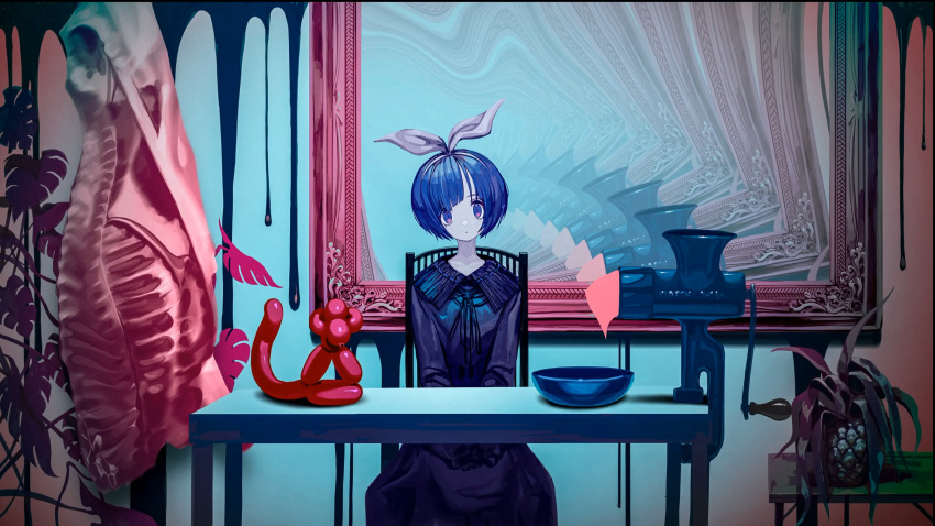 1girl :o absurdres afternooners balloon balloon_animal blue_hair bow bowl dress dripping expressionless food hair_bow hairband highres indoors looking_at_viewer meat meatgrinder mirror original paint painting pale_skin plant potted_plant purple_dress screencap signature sitting solo table violet_eyes